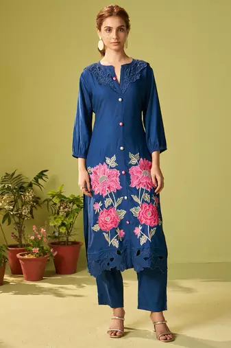 Blue embroidered viscose rayon kurta trouser set