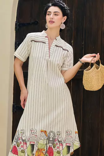 Off white printed pure cotton kurta trouser set