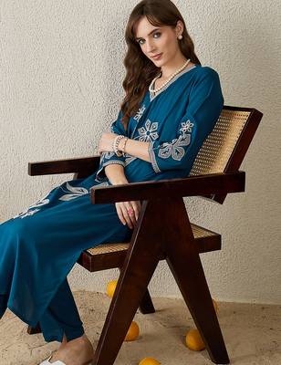 Teal embroidered viscose rayon kurta trouser set 1