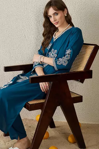 Teal embroidered viscose rayon kurta trouser set
