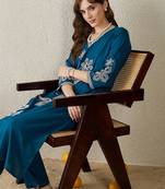 Teal embroidered viscose rayon kurta trouser set