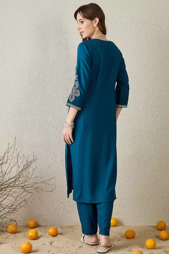 Teal embroidered viscose rayon kurta trouser set