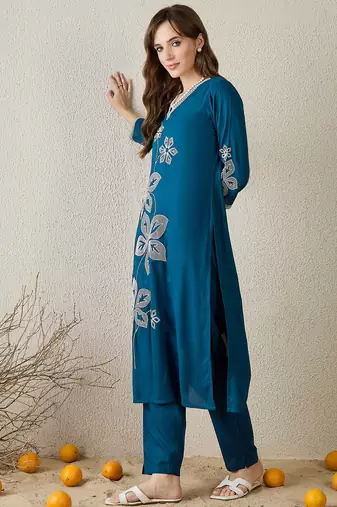 Teal embroidered viscose rayon kurta trouser set