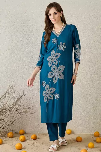 Teal embroidered viscose rayon kurta trouser set