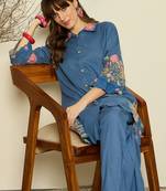 Blue embroidered viscose rayon kurta trouser set