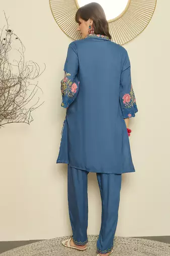 Blue embroidered viscose rayon kurta trouser set