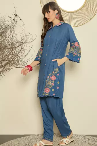 Blue embroidered viscose rayon kurta trouser set