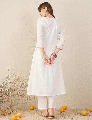 White embroidered pure cotton kurta trouser set 3