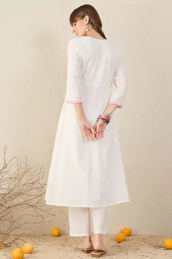 White embroidered pure cotton kurta trouser set
