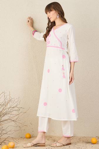 White embroidered pure cotton kurta trouser set