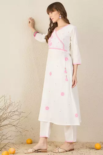 White embroidered pure cotton kurta trouser set