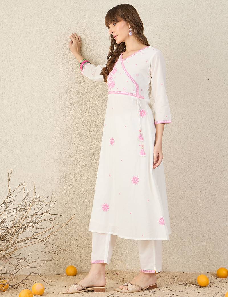 White embroidered pure cotton kurta trouser set