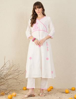 White embroidered pure cotton kurta trouser set 4