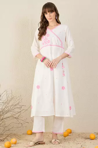 White embroidered pure cotton kurta trouser set