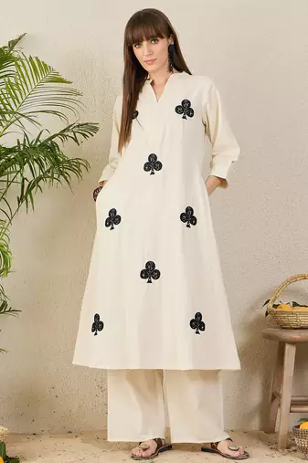 White embroidered pure cotton kurta trouser set