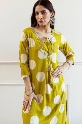 Green embroidered viscose rayon kurta trouser set