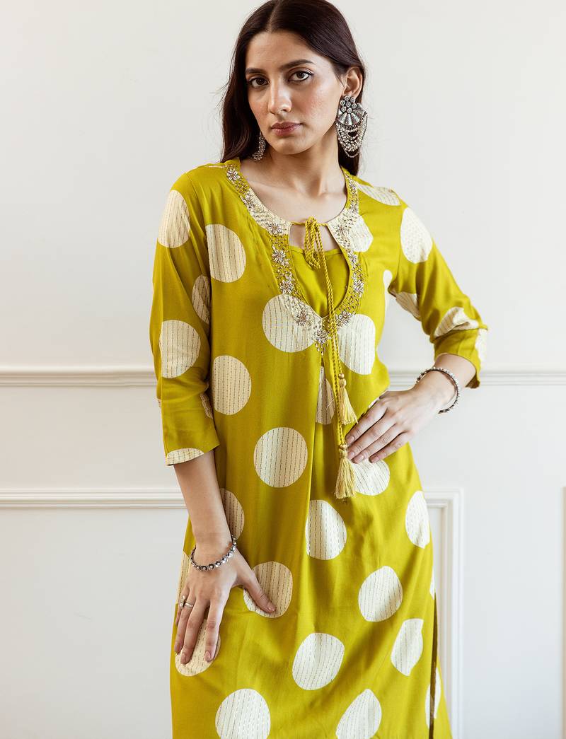 Green embroidered viscose rayon kurta trouser set