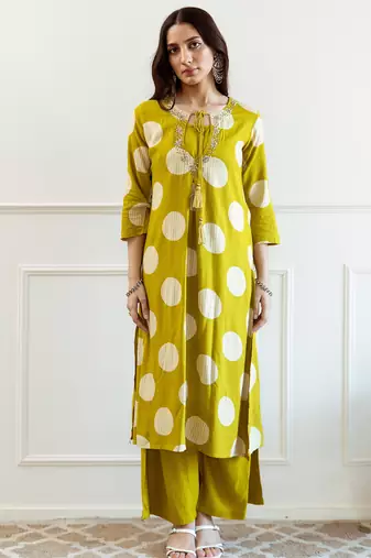 Green embroidered viscose rayon kurta trouser set