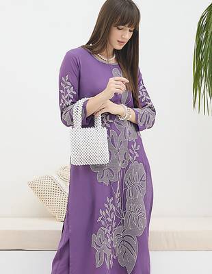 Purple embroidered viscose rayon kurta trouser set 1