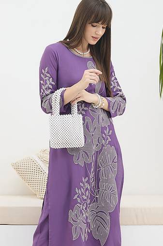 Purple embroidered viscose rayon kurta trouser set
