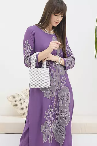 Purple embroidered viscose rayon kurta trouser set
