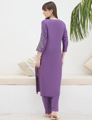 Purple embroidered viscose rayon kurta trouser set 2