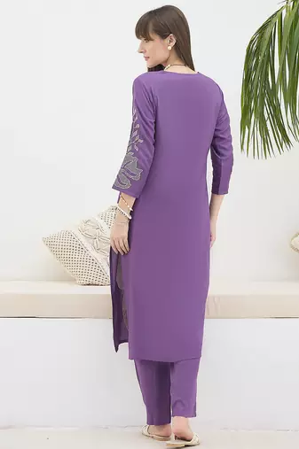 Purple embroidered viscose rayon kurta trouser set