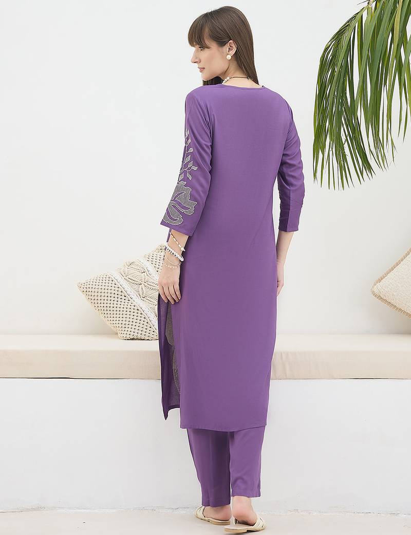 Purple embroidered viscose rayon kurta trouser set