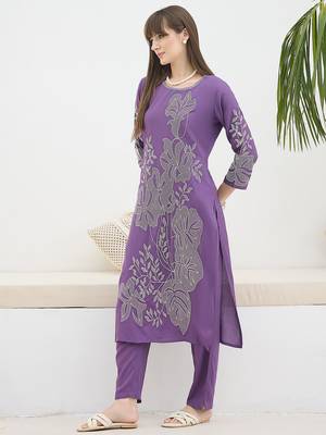 Purple embroidered viscose rayon kurta trouser set 3