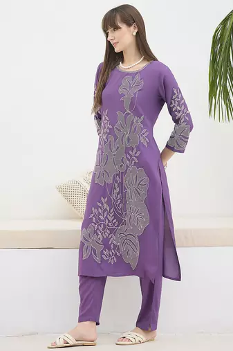 Purple embroidered viscose rayon kurta trouser set