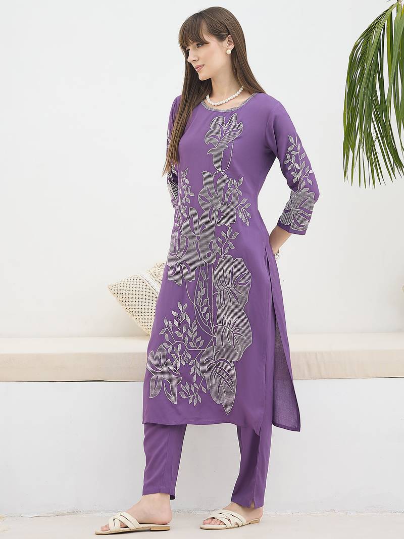 Purple embroidered viscose rayon kurta trouser set