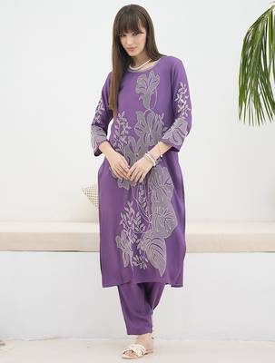 Purple embroidered viscose rayon kurta trouser set 4