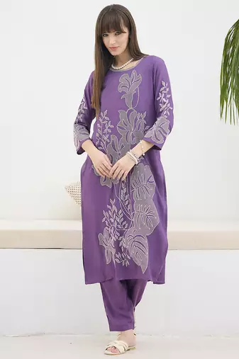 Purple embroidered viscose rayon kurta trouser set