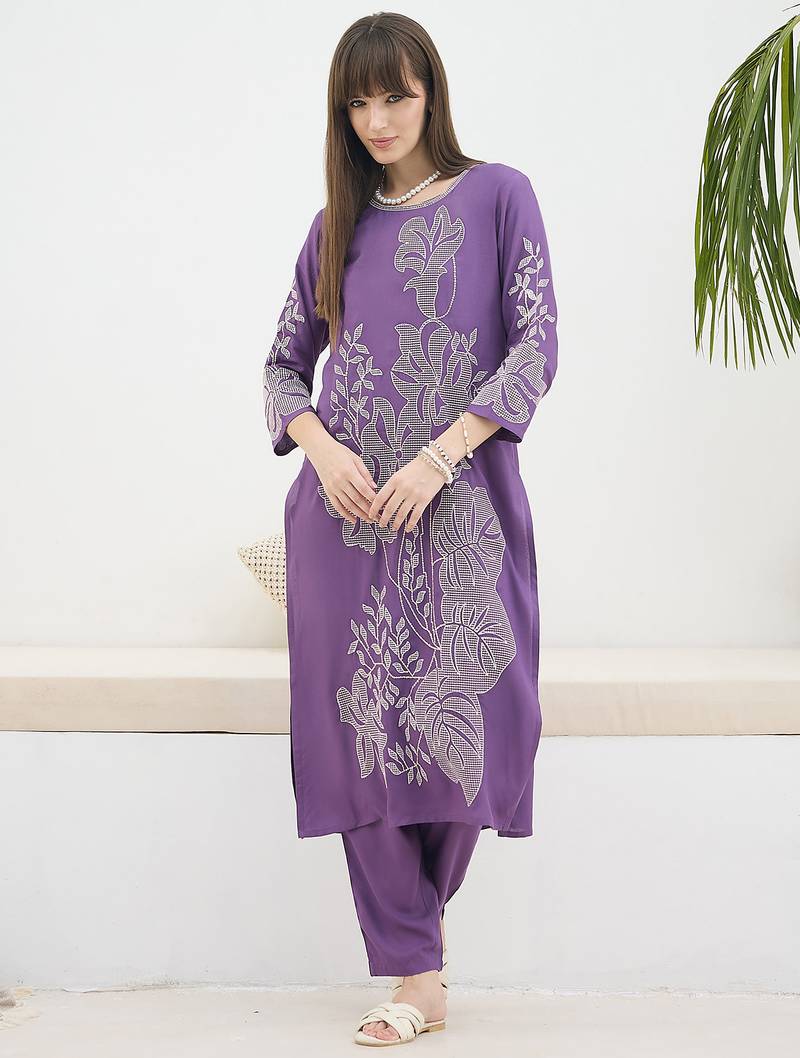 Purple embroidered viscose rayon kurta trouser set