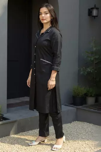 Black printed pure cotton kurta trouser set