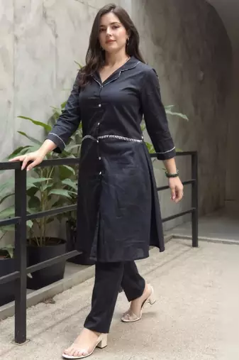 Black printed pure cotton kurta trouser set