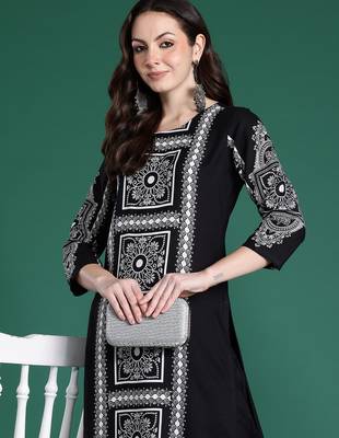 Black printed viscose rayon kurta trouser set 1