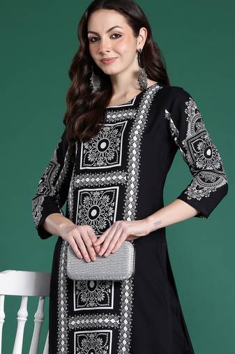 Black printed viscose rayon kurta trouser set