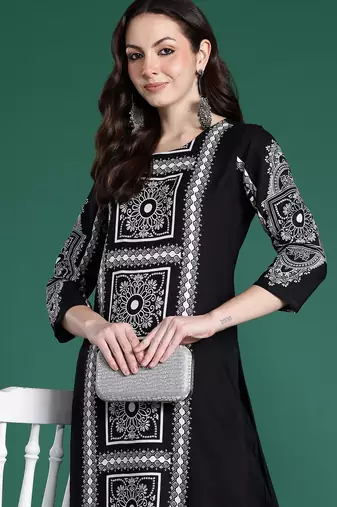 Black printed viscose rayon kurta trouser set