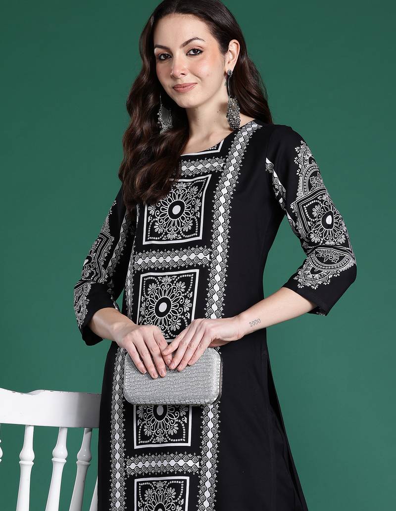 Black printed viscose rayon kurta trouser set