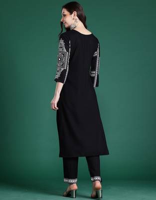 Black printed viscose rayon kurta trouser set 2