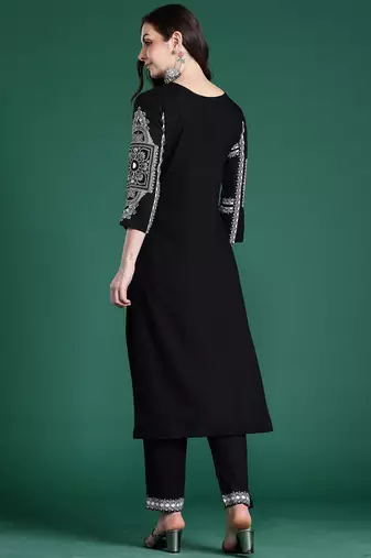 Black printed viscose rayon kurta trouser set