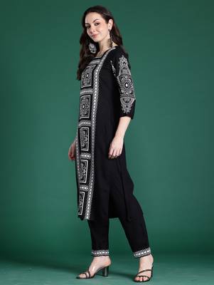 Black printed viscose rayon kurta trouser set 3