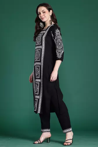 Black printed viscose rayon kurta trouser set