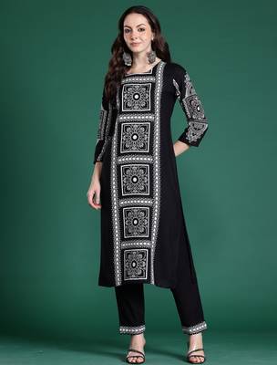 Black printed viscose rayon kurta trouser set 4