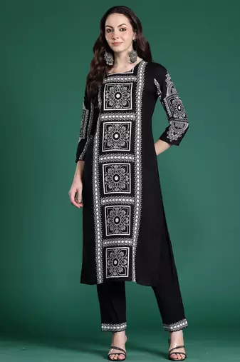 Black printed viscose rayon kurta trouser set