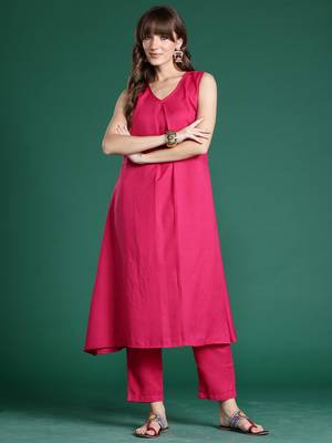 Pink printed pure cotton kurta trouser set 1