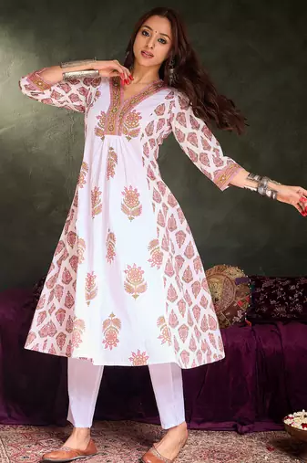 White printed pure cotton kurta trouser set