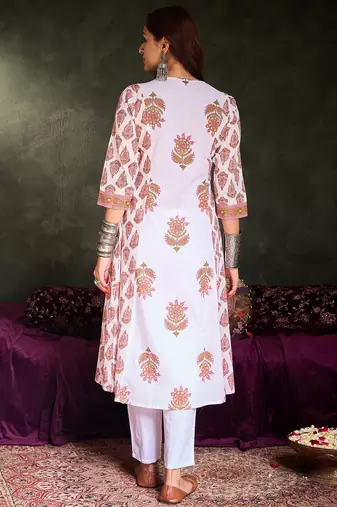 White printed pure cotton kurta trouser set