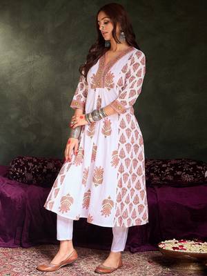 White printed pure cotton kurta trouser set 3